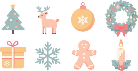 Christmas flat design icons set. Vector illustration. Winter holidays symbols.