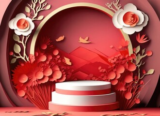 Podium round stage podium and paper art Chinese new year,Chinese Festivals, Mid Autumn Festival , red paper cut. AI Genarated. - obrazy, fototapety, plakaty