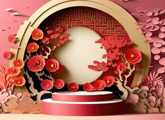 Podium round stage podium and paper art Chinese new year,Chinese Festivals, Mid Autumn Festival , red paper cut. AI Genarated.