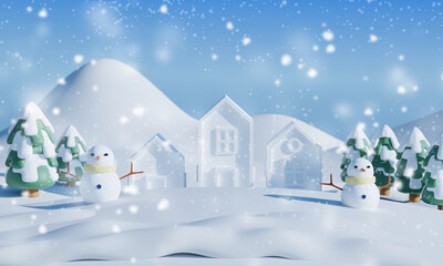 Snowman, home and pine with snowfall mountain background.