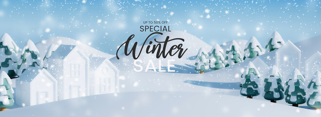 winter sale banner design for website. Home and pine with snowfall mountain background. - obrazy, fototapety, plakaty