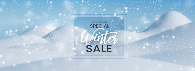 winter sale banner design for website. Snowfall mountain background. - obrazy, fototapety, plakaty