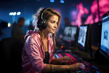 Engaged female gamer with tattoos in a neon-lit environment, deeply focused on her online game session.