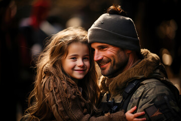 Fototapeta premium Warm and loving moment between a military father and daughter, sharing an embrace in an outdoor winter setting.