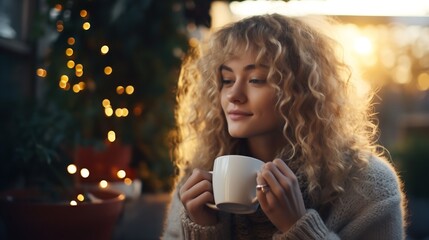 A girl drinking a cup of coffee in a comfortable home. Generative Ai.