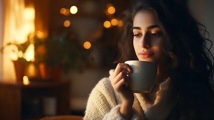 A girl drinking a cup of coffee in a comfortable home. Generative Ai.