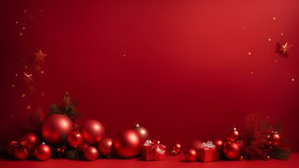 A vibrant red Christmas-themed background adorned with festive decorations and gifts.