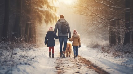 A happy family walks their golden retriever in the outside winter woodland. Generative Ai.