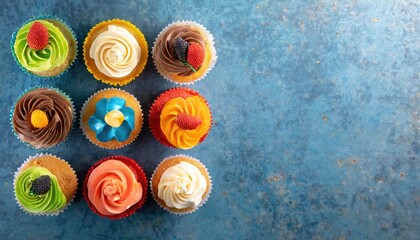 Tasty cupcakes on the Dark table. Top view of Colorful Cup Cake. AI Generated. - obrazy, fototapety, plakaty