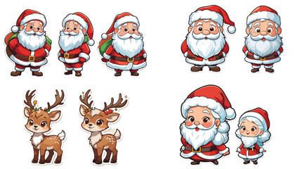 Multiple illustrations of Santa Claus, Mrs Claus, and reindeer