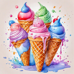  Ice cream sweet cartoon in watercolor painting style.