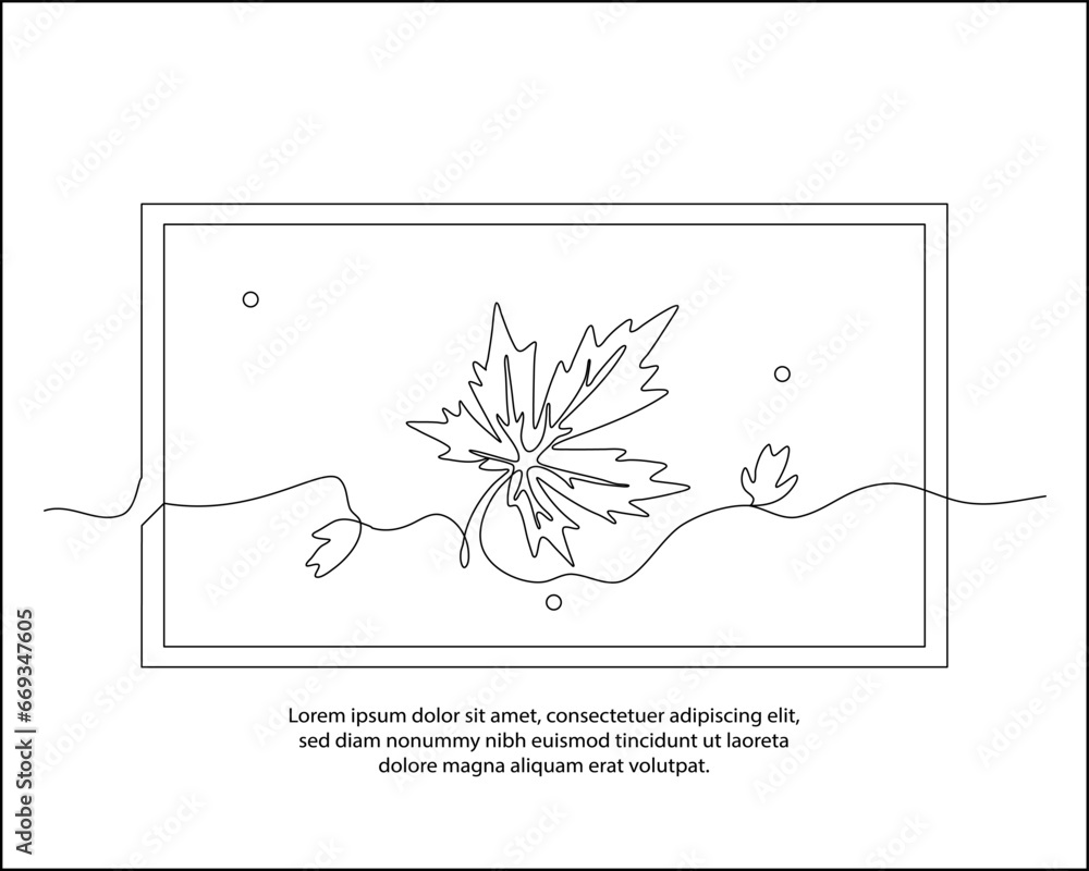 Poster one line drawing of a autumn leaf poster with a beautiful frame. abstract minimal continuous line wa