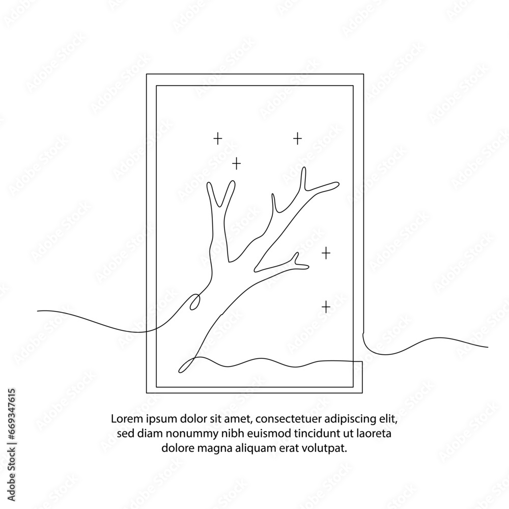 Poster one line of twig poster drawing with a beautiful frame. abstract minimal continuous line wall decor.
