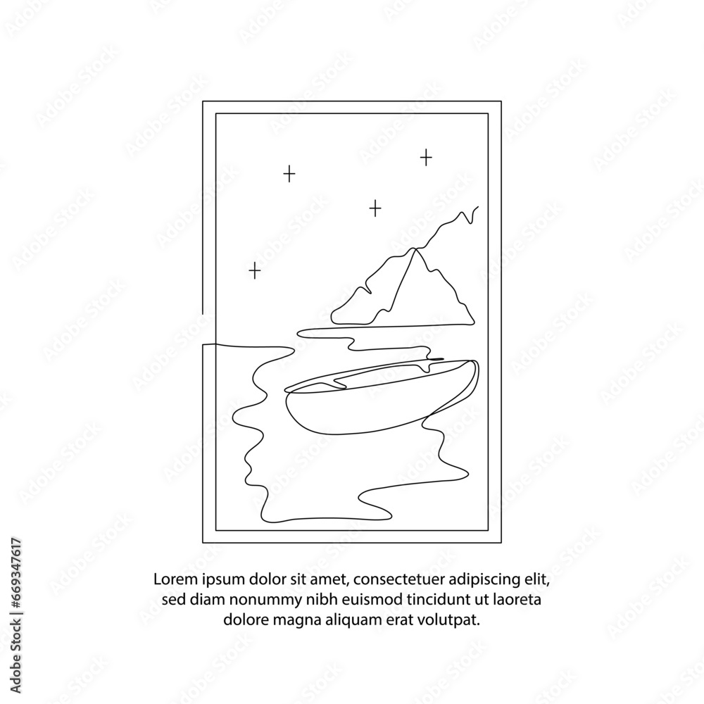 Poster one line poster drawing of boat view in the seaside with a beautiful frame. abstract minimal continu