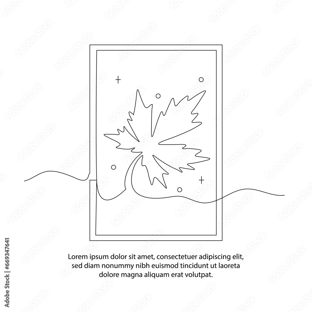 Poster one line drawing of a autumn leaf poster with a beautiful frame. abstract minimal continuous line wa