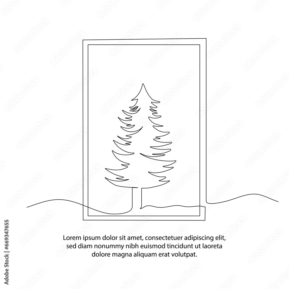 Poster one line poster drawing of pine tree with a beautiful frame. abstract minimal continuous line wall d