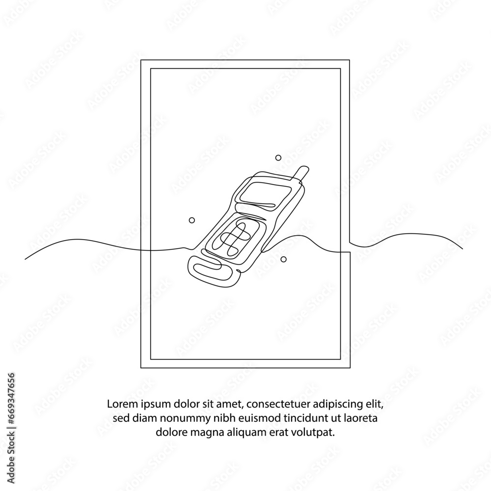 Poster one line drawing of a old cell phone poster with a beautiful frame. abstract minimal continuous line