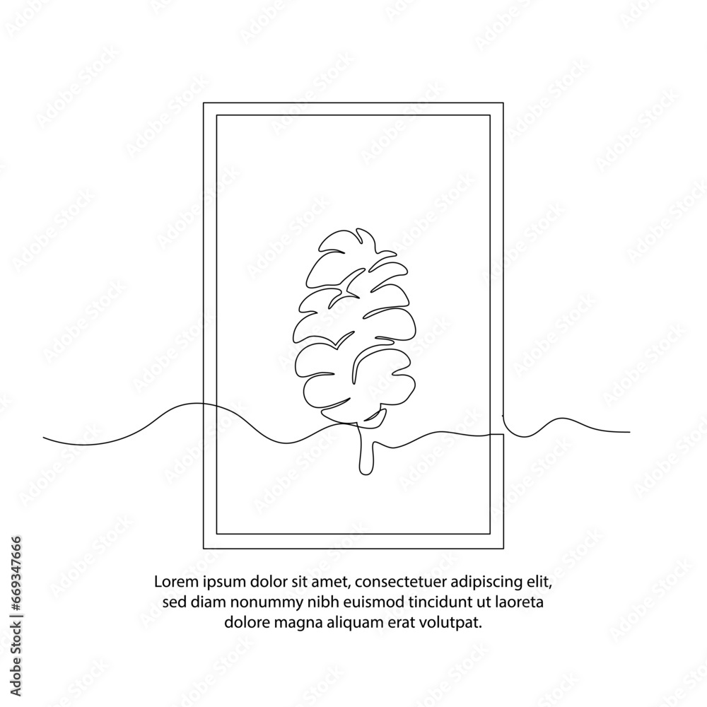 Poster one line drawing of a pine tree flower poster with a beautiful frame. abstract minimal continuous li