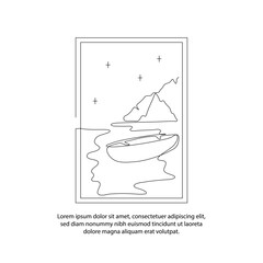 One line poster drawing of boat view in the seaside with a beautiful frame. Abstract minimal continuous line wall decor.