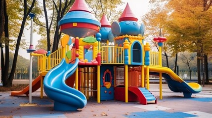 Playground in the park, colourful in the yard. Playground for kids in the park. Toys for play in a public park