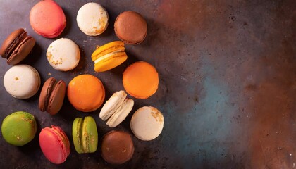 French colorful macarons background. colorful macarons dessert with vintage tones. AI Generated.