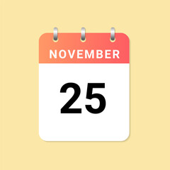 Daily calendar 25th of November month on white paper note.