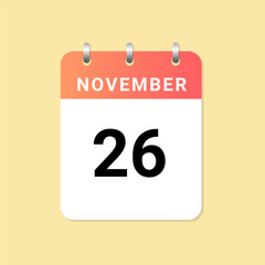 Daily calendar 26th of November month on white paper note.