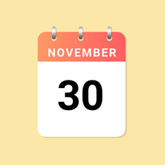 Daily calendar 30th of November month on white paper note