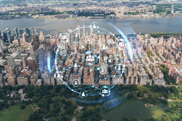 Aerial panoramic helicopter city view of Upper West Side Manhattan neighborhoods and Central Park, New York, USA. Social media hologram. Concept of networking and establishing new people connections