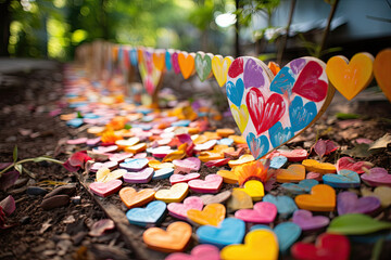 heart shaped paper hearts on the ground with trees in the background and leaves scattered all over the ground to make it look like they
