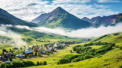 A village in summer with clouds and foggy mist morning and houses on hillside with green trees