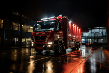 Fototapeta na wymiar Illuminated fire truck parked on a wet urban street at night, reflecting on the rain-soaked ground.