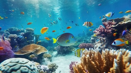 Naklejka na ściany i meble Colorful tropical fish life in the coral reef, animals of the underwater sea world, Generative AI