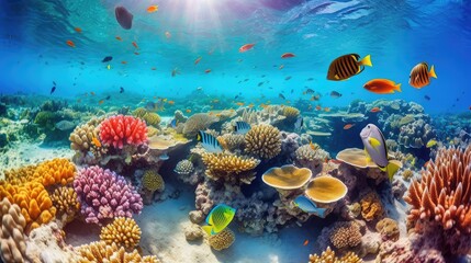 Obraz na płótnie Canvas Colorful tropical fish life in the coral reef, animals of the underwater sea world, Generative AI