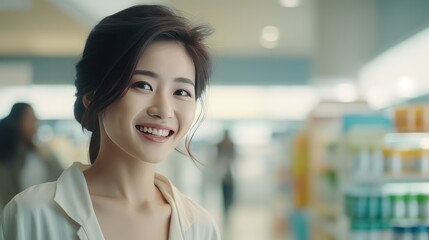 Portrait of a young Asian woman smiling at a retail pharmacy