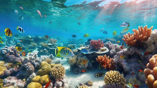 Colorful tropical fish life in the coral reef, animals of the underwater sea world, Generative AI