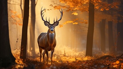 Deer in the autumn forest. Golden autumn in the Ukrainian forest.
