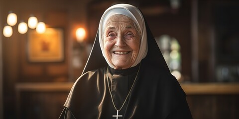 Senior nun with a happy smile dressed in traditional clothing. Generative Ai. - obrazy, fototapety, plakaty