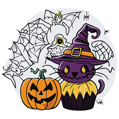 Isolated Halloween elements for design ideas on white background. Cute pumpkins, black cat, ghost, cupcake, spider, witch hat, halloween calander, treats