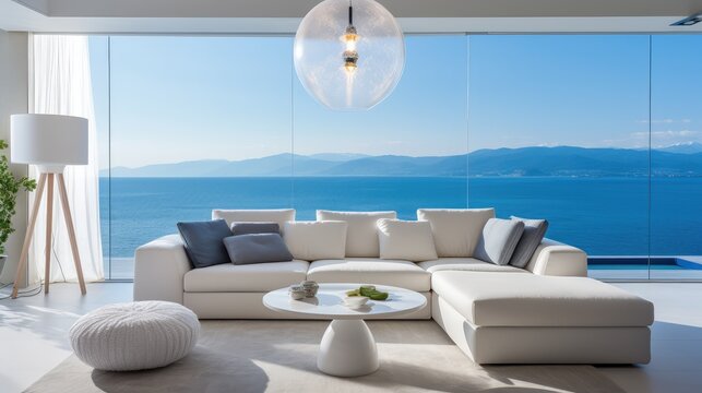 modern luxury living room with white sofa on sea view and blue sky background, large living room in modern house or luxury pool villa, Generative AI