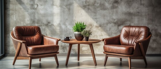 Livingroom, two leather chair at wooden round coffee table in Mid - century home interior design of modern living room, Generative AI - obrazy, fototapety, plakaty