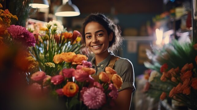A happy woman pictured standing at her flower store. Generative Ai.