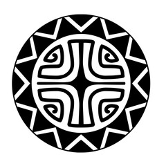 Polynesian sun face maori tattoo style.  Pattern aboriginal samoan. Black and white texture, isolated vector. - obrazy, fototapety, plakaty