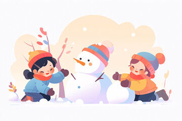 Concept illustration of the Beginning of Winter solar term, illustration of children building a snowman outdoors in winter