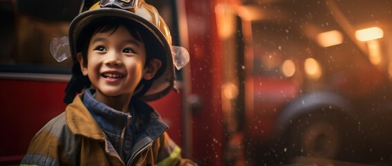 Portrait of happy asian boy wearing firefighter uniform with fire truck in background