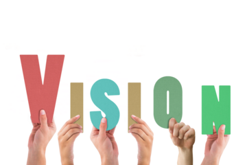 Digital png illustration of hands holding vision text on transparent background