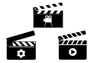 Clapper board set. Open movie clapper vector illustration. Opened and closed movie shooting clapper board vector. Film cinema symbol