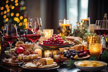 a table setting with wine, cheese, fruit and other holiday foods on the table in front of a...