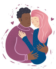 Digital png illustration of diverse couple embracing on transparent background