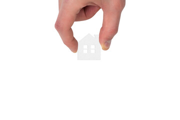 Digital png illustration of hand holding white house shape on transparent background